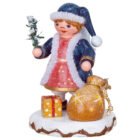 Figurine of Heaven's Child dressed in blue coat with white frindge red dress and two christmas gifts in gold