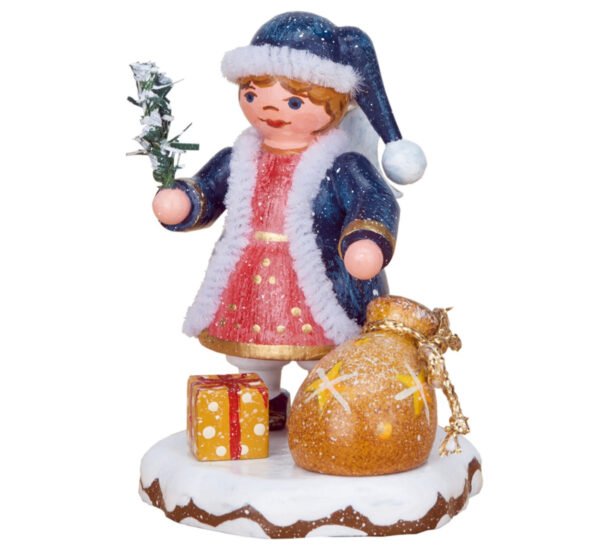 Figurine of Heaven's Child dressed in blue coat with white frindge red dress and two christmas gifts in gold